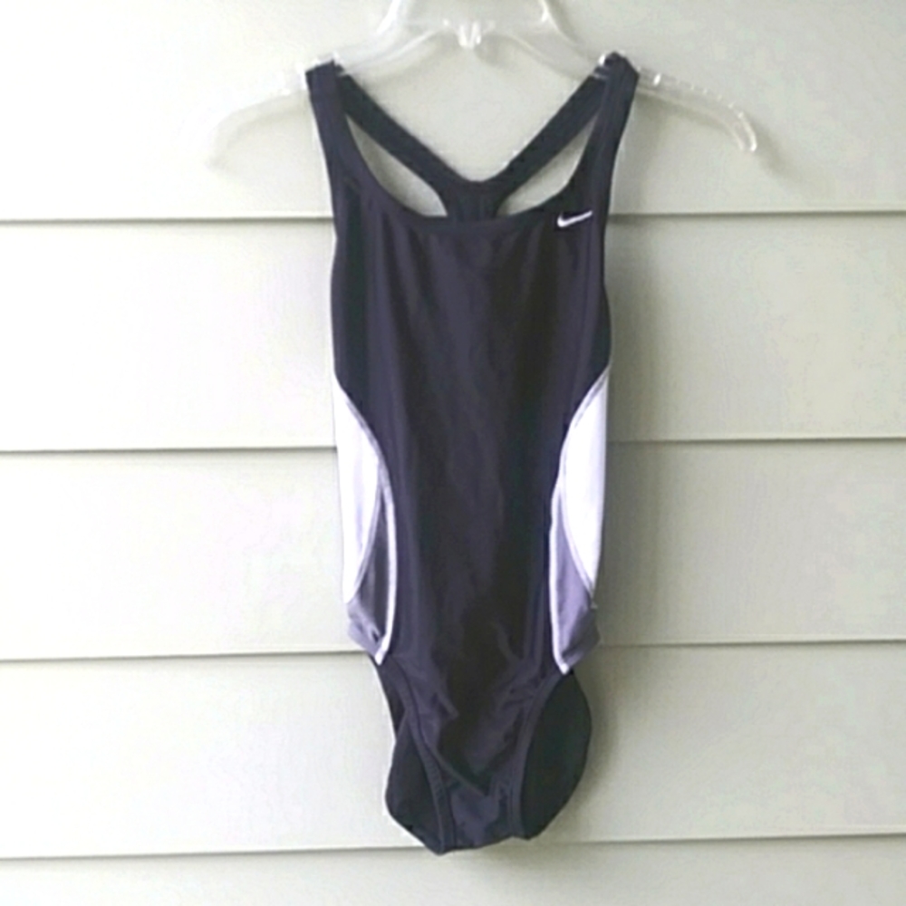 Nike Women's One Piece Swimsuit SZ 4 Black Gray & White Racer Back Competition